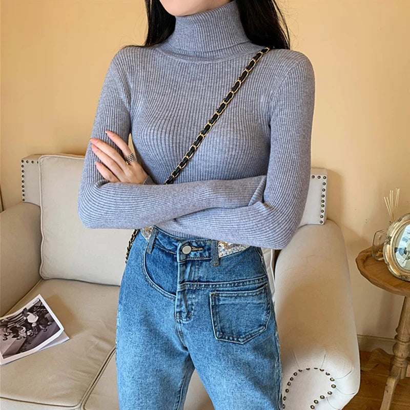 2025 Autumn Winter Women Long Sleeve Knitted Foldover Turtleneck Ribbed Pull Sweater Soft Warm Femme Jumper Pullover Clothes