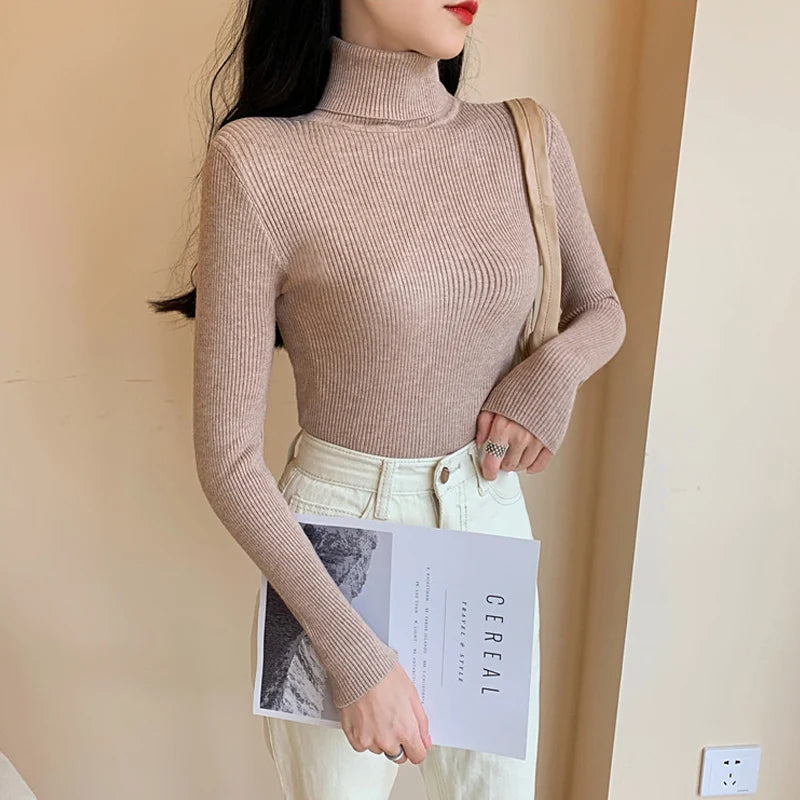 2025 Autumn Winter Women Long Sleeve Knitted Foldover Turtleneck Ribbed Pull Sweater Soft Warm Femme Jumper Pullover Clothes