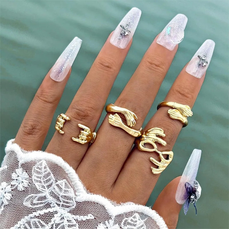 1Set Punk Gold Color Smooth Geometric Open Rings Set for Women Exaggerated Metal Irregular Thick Chunky Ring Jewelry Gift 2025 new