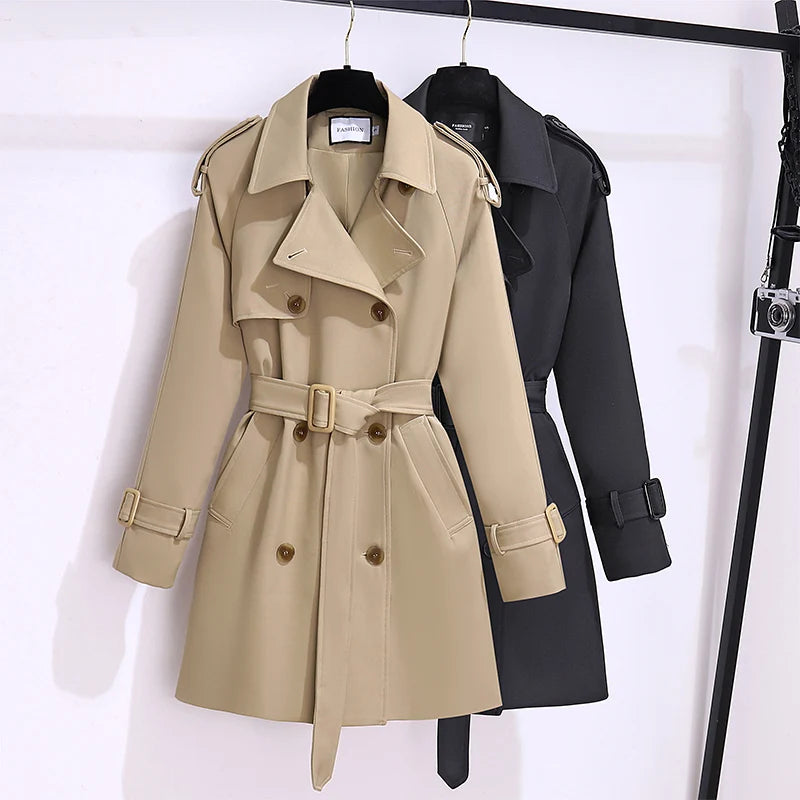 Women British Style Windbreaker Streetwear Double Breasted Trench Coats Elegant Autumn Winter Khaki Or Black Jackets