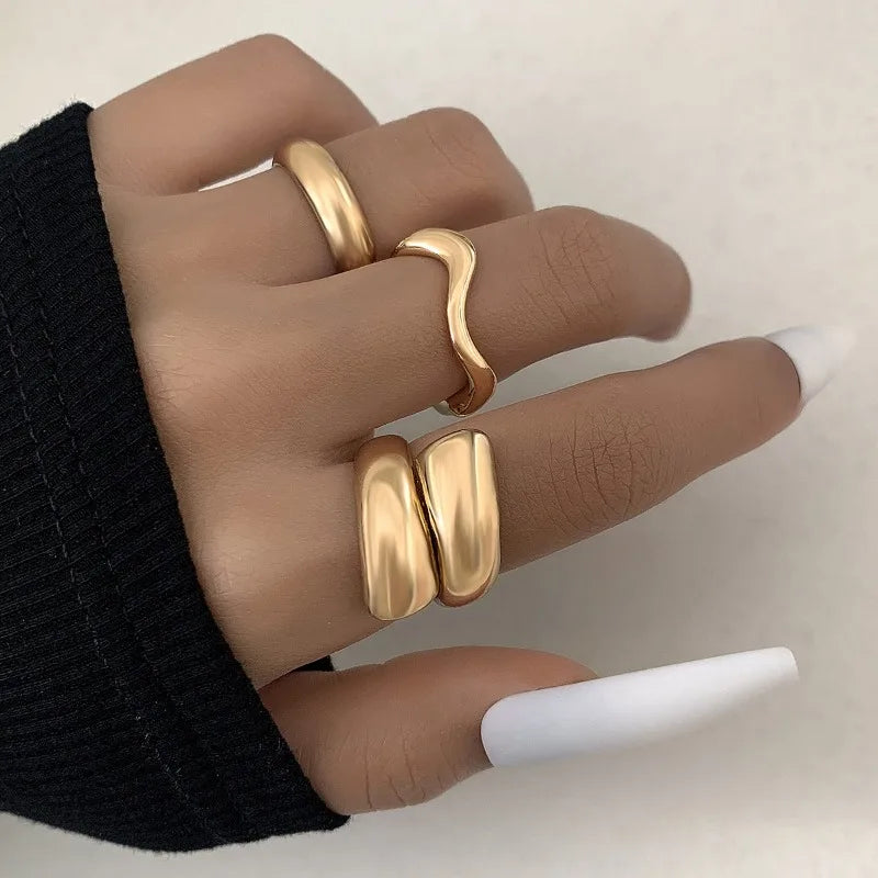 1Set Punk Gold Color Smooth Geometric Open Rings Set for Women Exaggerated Metal Irregular Thick Chunky Ring Jewelry Gift 2025 new