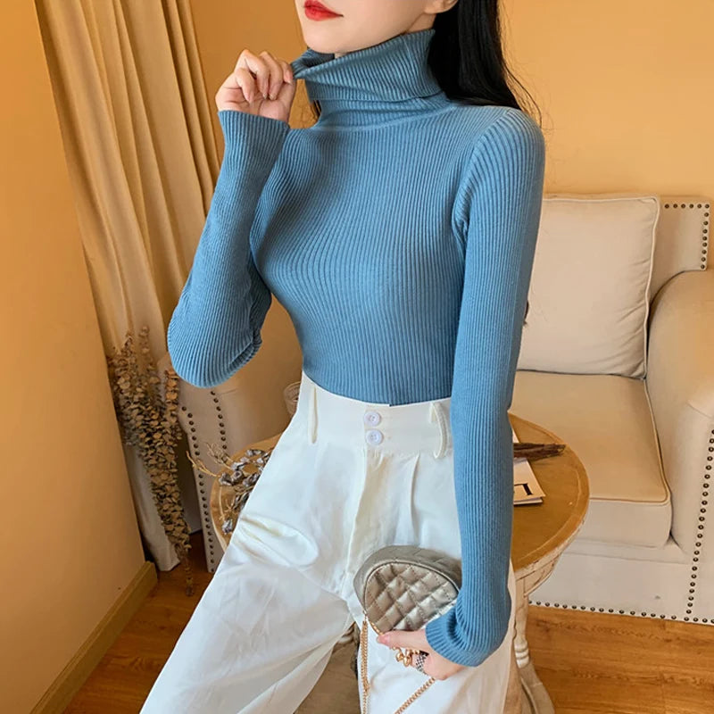 2025 Autumn Winter Women Long Sleeve Knitted Foldover Turtleneck Ribbed Pull Sweater Soft Warm Femme Jumper Pullover Clothes