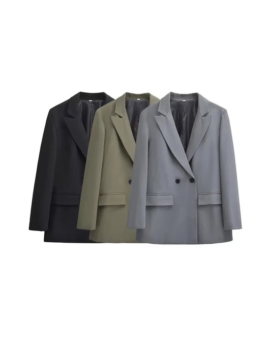 TRZA-Women's Double Breasted Office Wear Blazer Coat, Long Sleeve, Flap Pockets, Female Outerwear, Chic Tops, Fashion