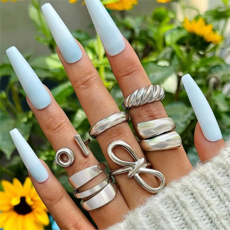 1Set Punk Gold Color Smooth Geometric Open Rings Set for Women Exaggerated Metal Irregular Thick Chunky Ring Jewelry Gift 2025 new