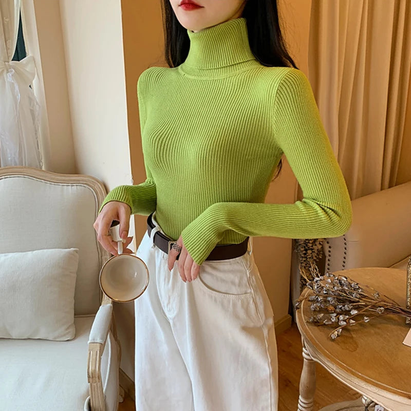 2025 Autumn Winter Women Long Sleeve Knitted Foldover Turtleneck Ribbed Pull Sweater Soft Warm Femme Jumper Pullover Clothes