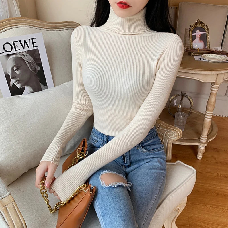 2025 Autumn Winter Women Long Sleeve Knitted Foldover Turtleneck Ribbed Pull Sweater Soft Warm Femme Jumper Pullover Clothes