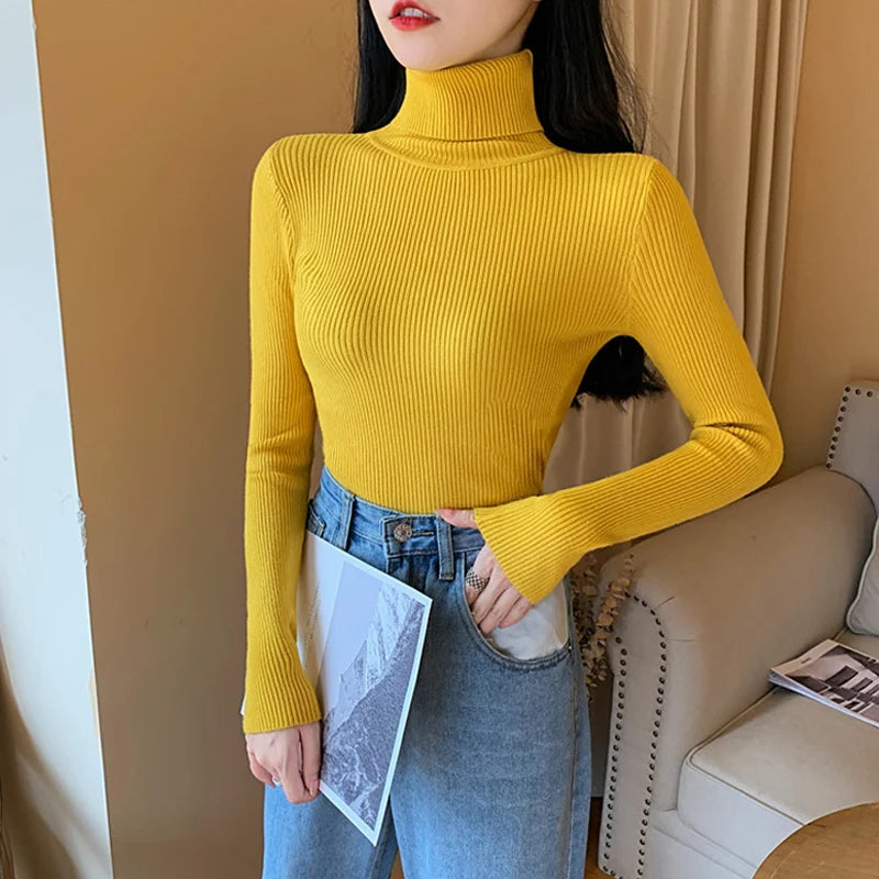 2025 Autumn Winter Women Long Sleeve Knitted Foldover Turtleneck Ribbed Pull Sweater Soft Warm Femme Jumper Pullover Clothes