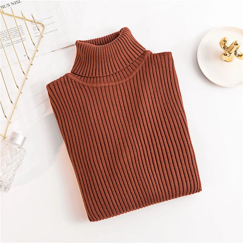 2025 Autumn Winter Women Long Sleeve Knitted Foldover Turtleneck Ribbed Pull Sweater Soft Warm Femme Jumper Pullover Clothes