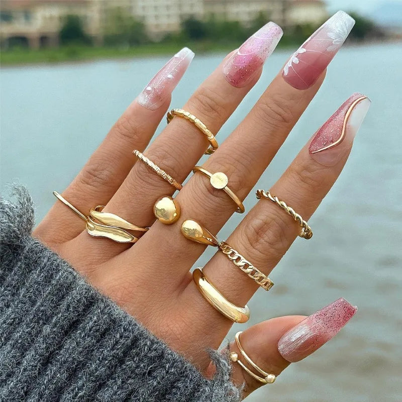 1Set Punk Gold Color Smooth Geometric Open Rings Set for Women Exaggerated Metal Irregular Thick Chunky Ring Jewelry Gift 2025 new