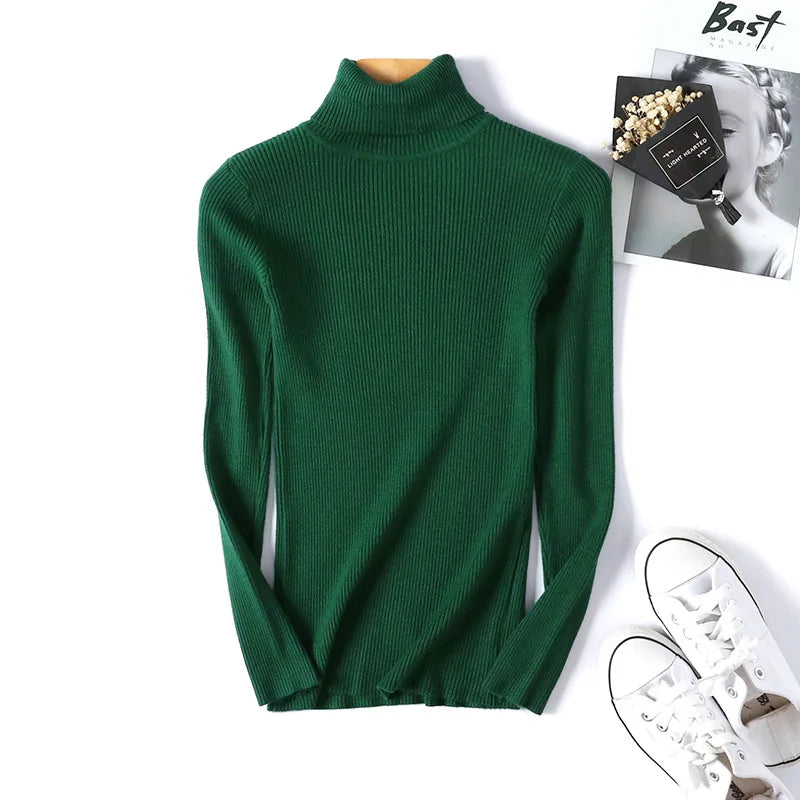 2025 Autumn Winter Women Long Sleeve Knitted Foldover Turtleneck Ribbed Pull Sweater Soft Warm Femme Jumper Pullover Clothes