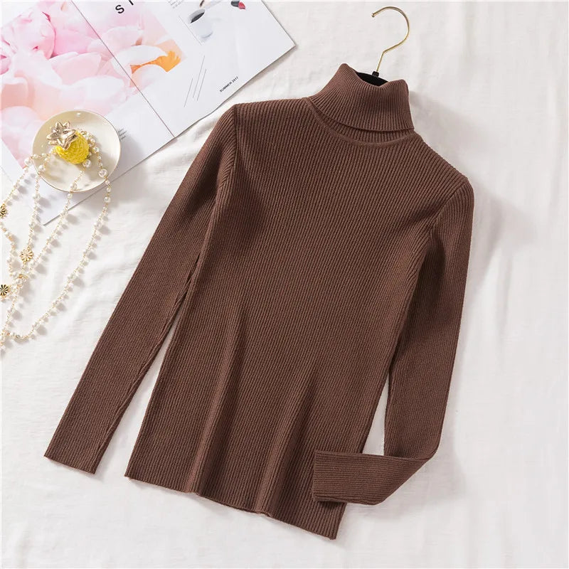 2025 Autumn Winter Women Long Sleeve Knitted Foldover Turtleneck Ribbed Pull Sweater Soft Warm Femme Jumper Pullover Clothes