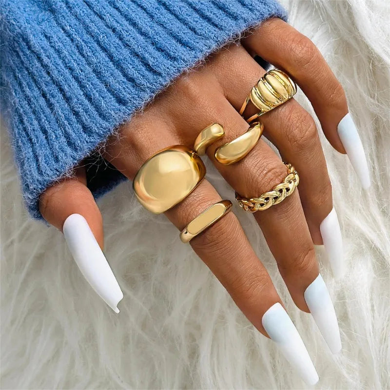 1Set Punk Gold Color Smooth Geometric Open Rings Set for Women Exaggerated Metal Irregular Thick Chunky Ring Jewelry Gift 2025 new