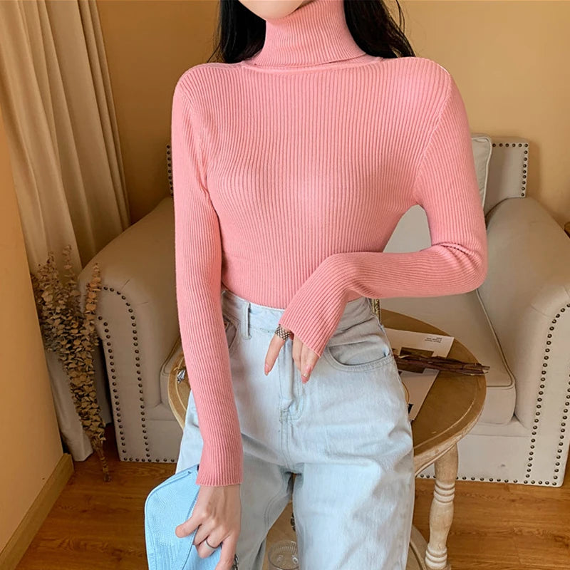 2025 Autumn Winter Women Long Sleeve Knitted Foldover Turtleneck Ribbed Pull Sweater Soft Warm Femme Jumper Pullover Clothes