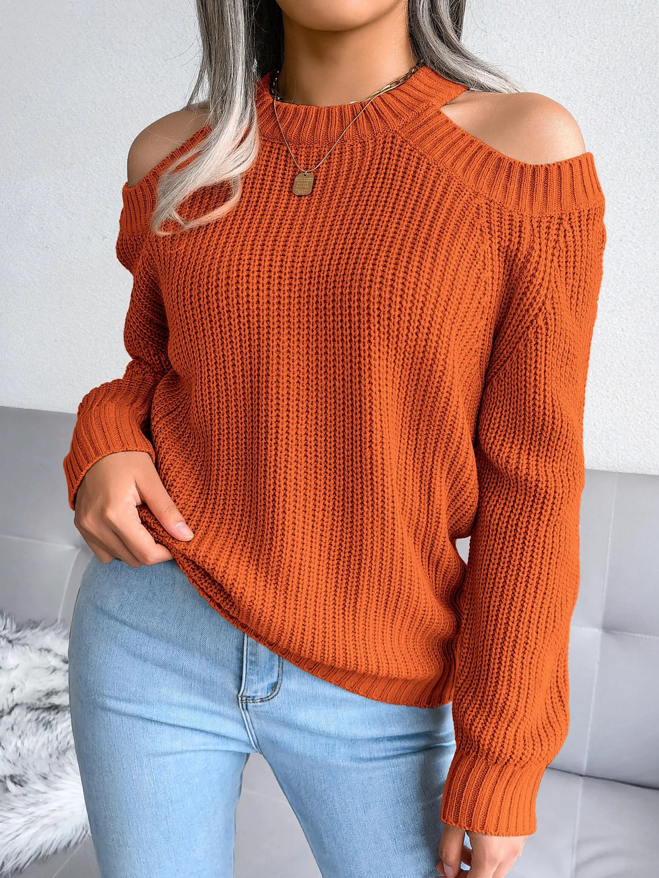 Autumn Winter Casual Solid Color Crew Neck Off Shoulder Long Sleeve Knitted Pullover For Women Sweater Top