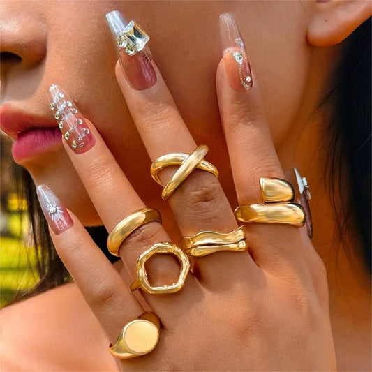 1Set Punk Gold Color Smooth Geometric Open Rings Set for Women Exaggerated Metal Irregular Thick Chunky Ring Jewelry Gift 2025 new