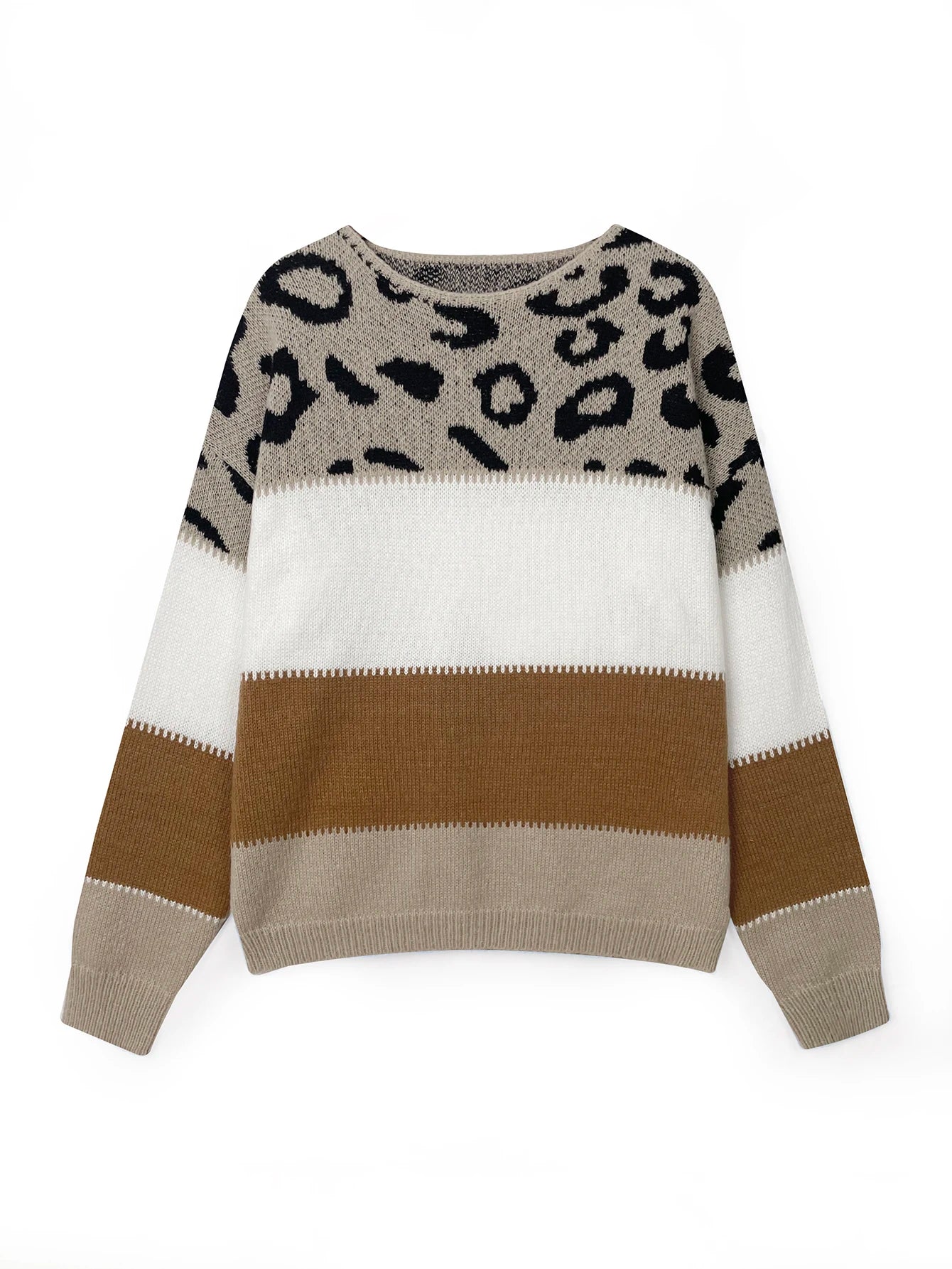 Leopard Print Color Blocked Round Neck Sweater Autumn And Winter Women's Knitted Sweater Pullover Long Sleeved Base Shirt