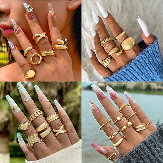 1Set Punk Gold Color Smooth Geometric Open Rings Set for Women Exaggerated Metal Irregular Thick Chunky Ring Jewelry Gift 2025 new