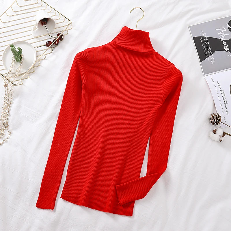 2025 Autumn Winter Women Long Sleeve Knitted Foldover Turtleneck Ribbed Pull Sweater Soft Warm Femme Jumper Pullover Clothes