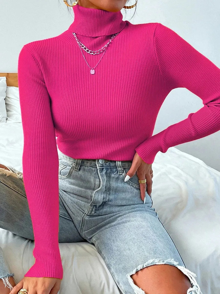 2025 Autumn Winter Women Long Sleeve Knitted Foldover Turtleneck Ribbed Pull Sweater Soft Warm Femme Jumper Pullover Clothes