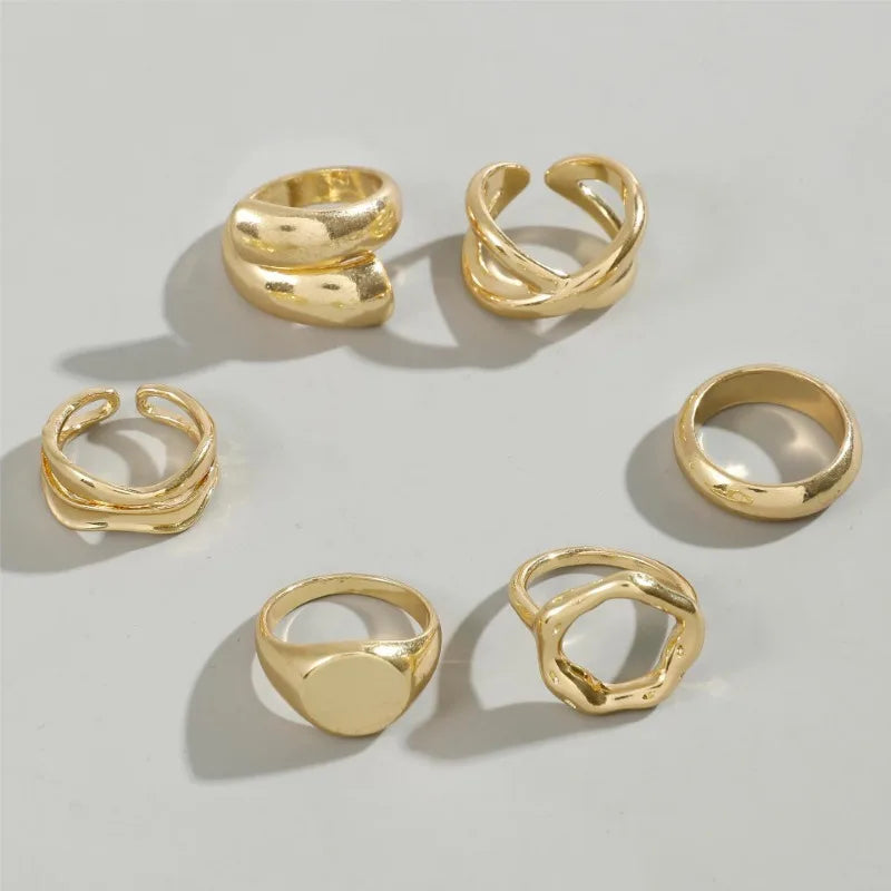 1Set Punk Gold Color Smooth Geometric Open Rings Set for Women Exaggerated Metal Irregular Thick Chunky Ring Jewelry Gift 2025 new