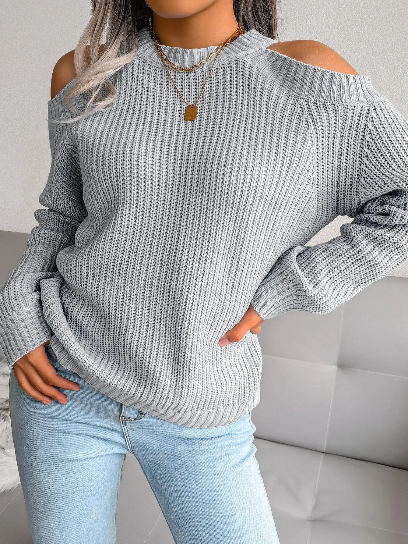 Autumn Winter Casual Solid Color Crew Neck Off Shoulder Long Sleeve Knitted Pullover For Women Sweater Top