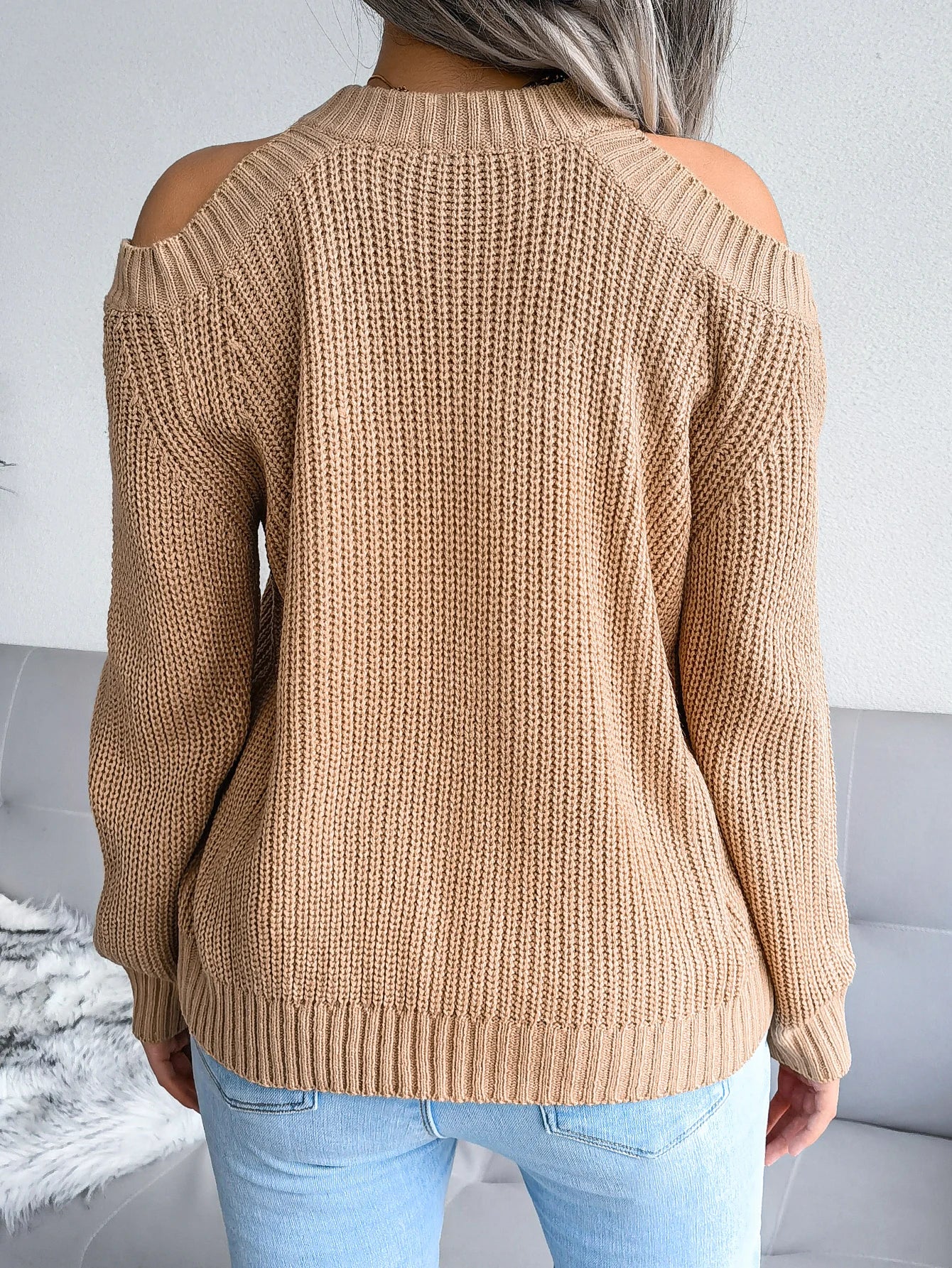 Autumn Winter Casual Solid Color Crew Neck Off Shoulder Long Sleeve Knitted Pullover For Women Sweater Top