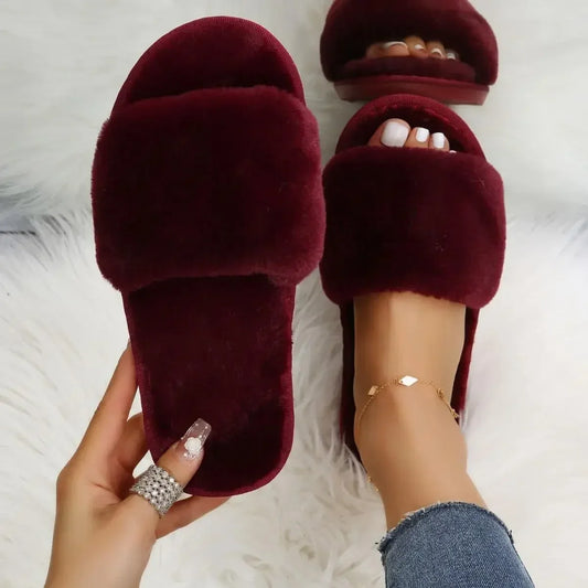 Winter Women Winter House Furry Slippers Non-Slip Casual Indoor Flats Floor Shoes Ladies Flip Flops Warm Shoes Solid Colors 2025