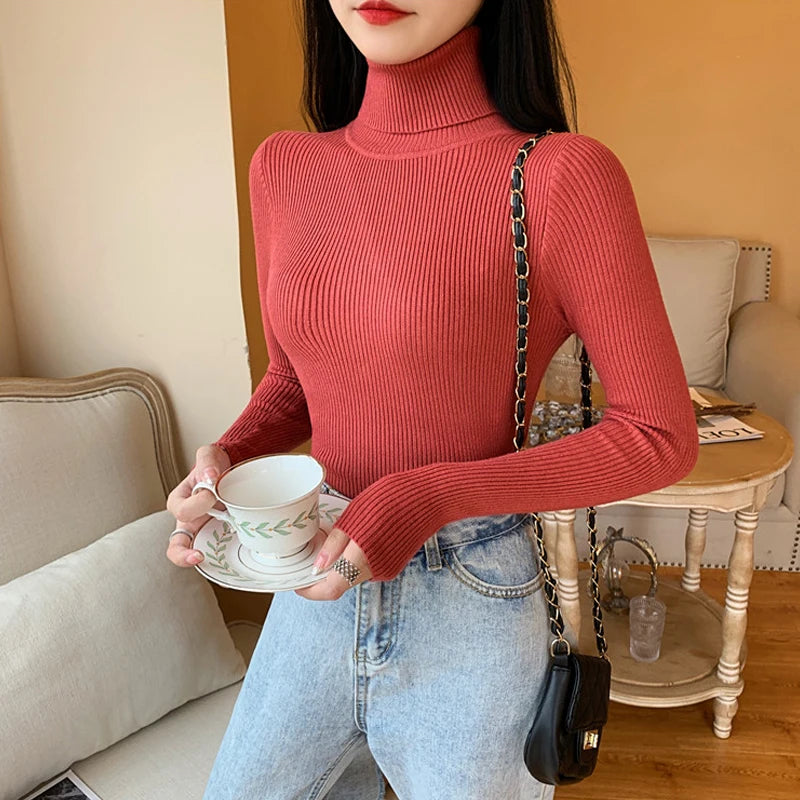 2025 Autumn Winter Women Long Sleeve Knitted Foldover Turtleneck Ribbed Pull Sweater Soft Warm Femme Jumper Pullover Clothes